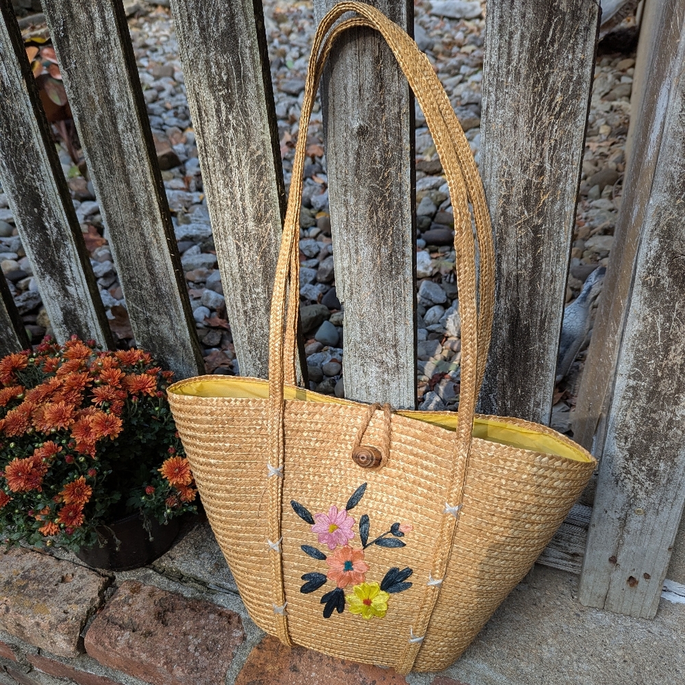 Vintage Floral Embroidered Straw Tote Bag EUC